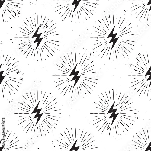 Vector grunge seamless pattern with lightning bolt signs with sunburst effect.