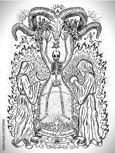 Black and white drawing with human skeleton in sandglass, monks with sun and moon, devils head and mystic symbols. Occult and esoteric vector illustration