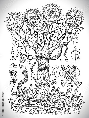 Black and white drawing with mystic and christian religious symbols as snake, tree of knowledge and forbidden fruit. Occult and esoteric vector illustration