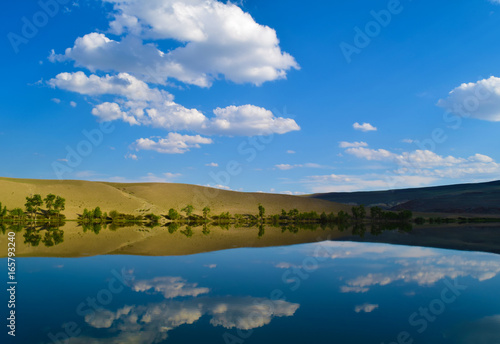 Landscape of calm lake  yellow hills and blue sky in Altai mountains. White clouds reflected in water. Chuya prairie  Altay Republic  Siberia  Russia.