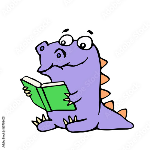 Happy purple dragon sits and reads a book with glasses. Vector illustration.