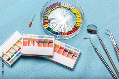 endodontic instruments on the napkin. Top view.