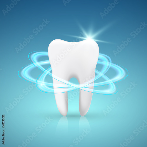 Healthy Tooth Under Protection, Teeth Whitening, glowing effect, vector illustration