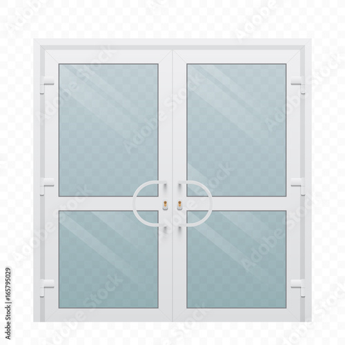 Double plastic door with transparent glass window on simple background, vector illustration