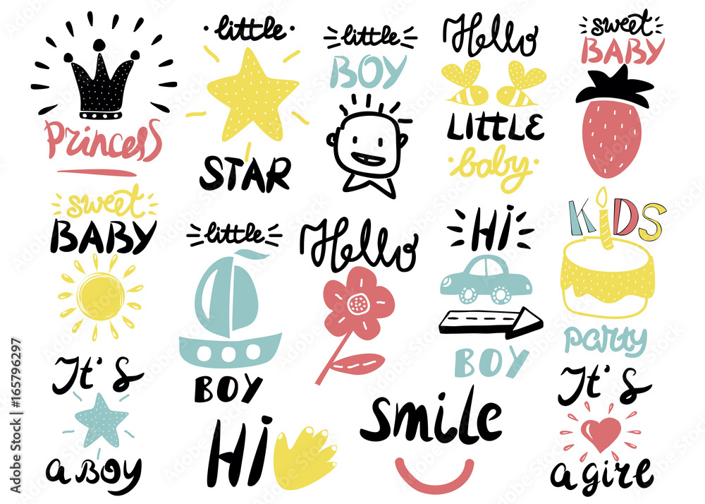 14 children s logo with handwriting Little boy, It s a girl, Hi, Princess, Smile, Sweet baby, Hello, Star.
