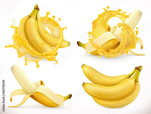 Banana juice. Fresh fruit and splash, 3d realistic vector icon