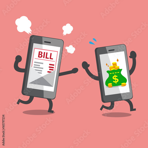 Business concept smartphone with money bag escaping from smartphone with bill payment