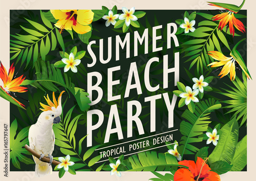 Summer beach party poster design template with palm trees, banner tropical background. Vector illustration. 