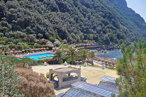 View of the thermal complex with swimming pools under the open sky and the sea
