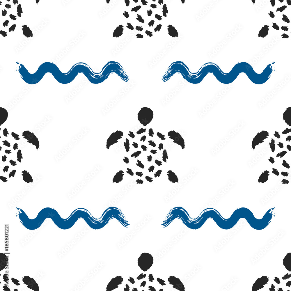 Fototapeta premium Ornament of waves and turtles drawn with a brush. Seamless pattern. Grunge, sketch, graffiti, ink, paint.