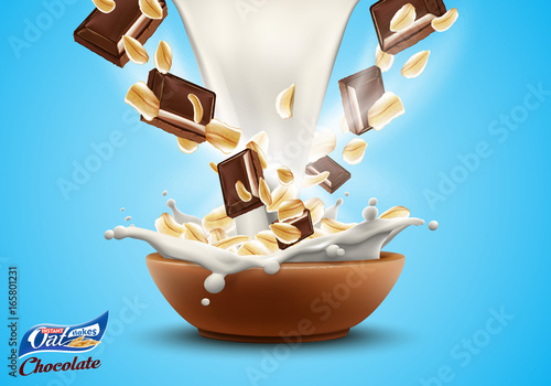 Oat flakes with chopped chocolate in big milk splash advertising flyer vector illustration. High quality art for ads broshure, poster or label design