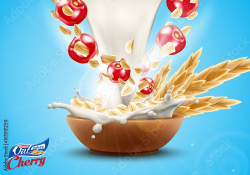 Oat flakes with sweet cherry in big milk splash advertising flyer vector illustration. High quality art for ads broshure, poster or label design