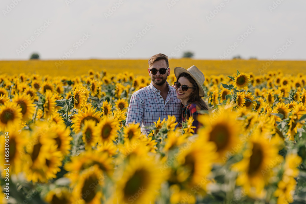 Fototapeta premium Beautiful couple enjoying an afternoon in a sunflower field