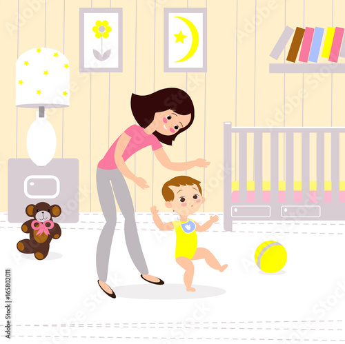 Mom and baby in the childrens room. The first seps of the child