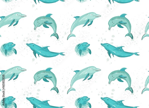 Hand drawn vector cartoon summer time seamless pattern with jumping dolphins in blue colors isolated on white background.