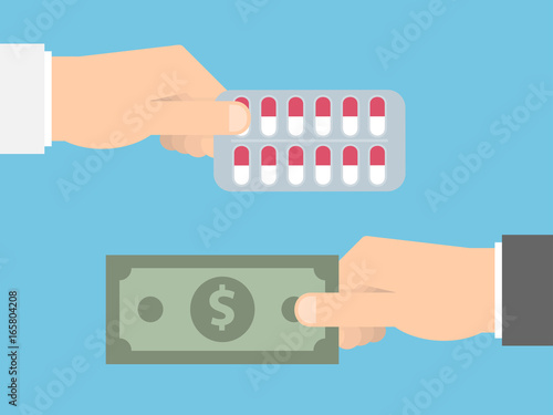 Buying medical pills in blister pack for money  concept. Hand giving dollar bill for medicine. Flat design