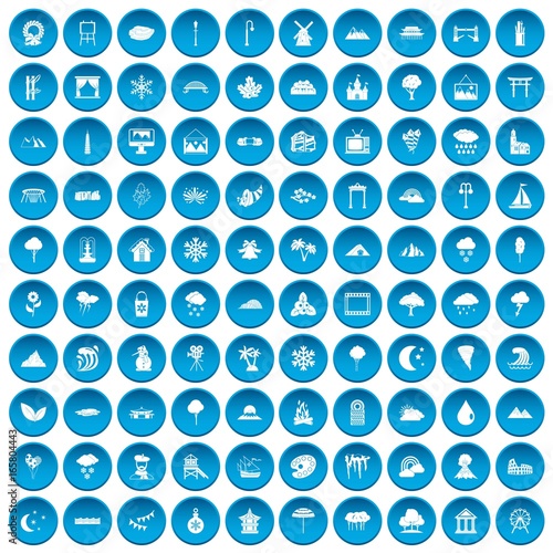 100 scenery icons set blue
