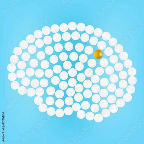 Human Brain With Pills Isolated On A Background. Vector Illustration.Neurology. Medical concept created by pills.