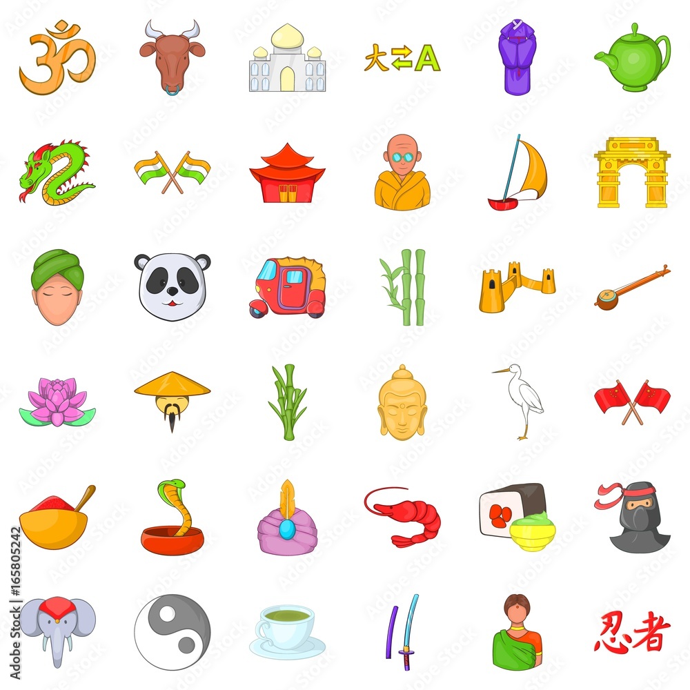 Asian culture icons set, cartoon style Asian culture icons set, cartoon style