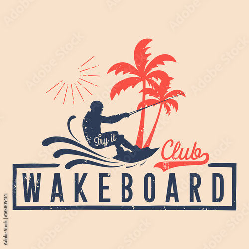 Vector logo wakeboard club in vintage style for your unique design, printing on T-shirts or the Internet