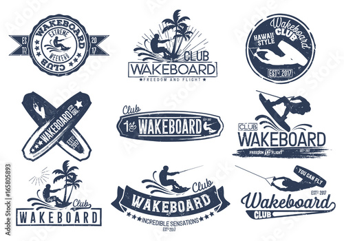 Vintage vector set of logos for the wakeboard club for your unique design, printing on a T-shirt, the Internet. photo