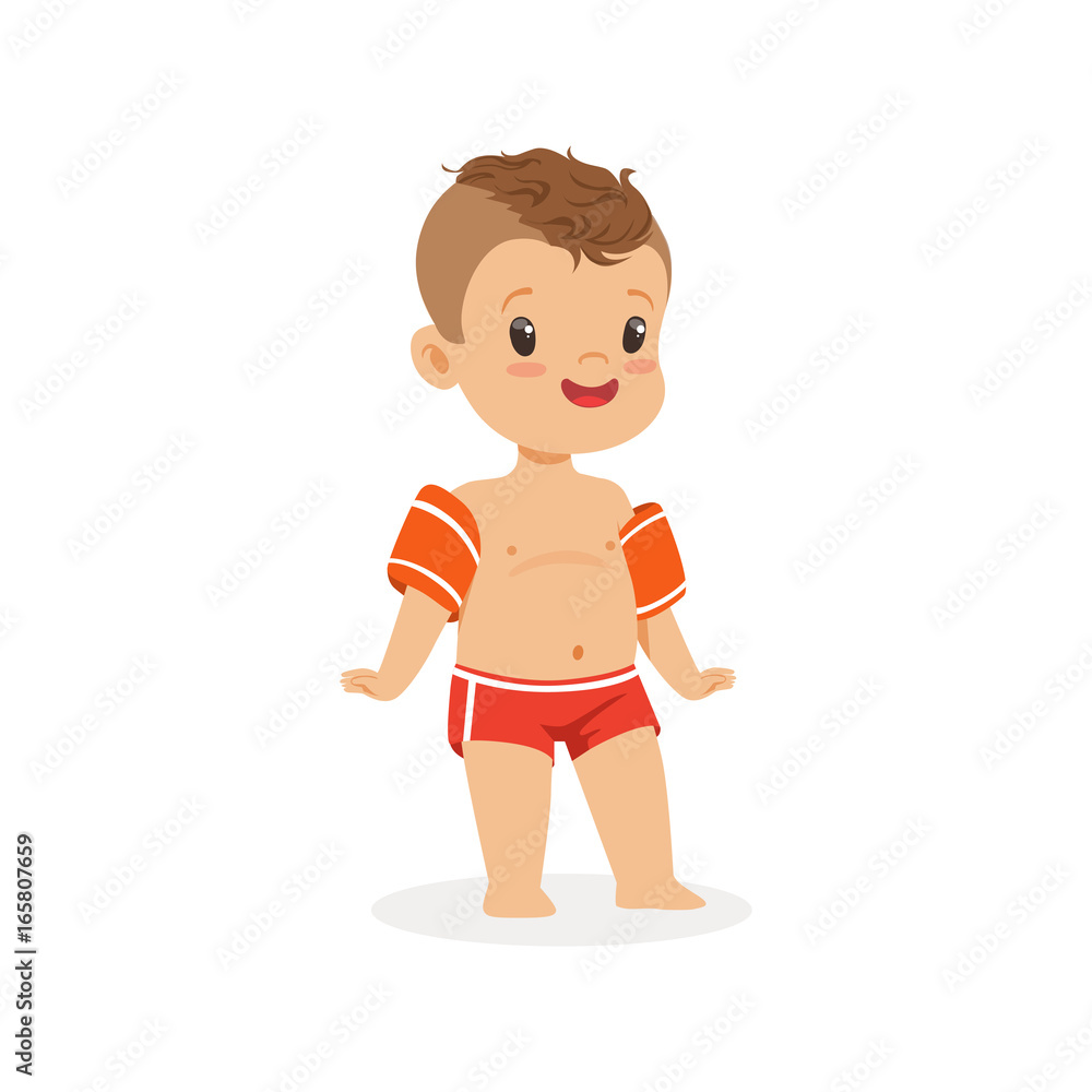 Cute boy with inflatable armbands, kids summer vacation colorful character vector Illustration Cute boy with inflatable armbands, kids summer vacation colorful character vector Illustration
