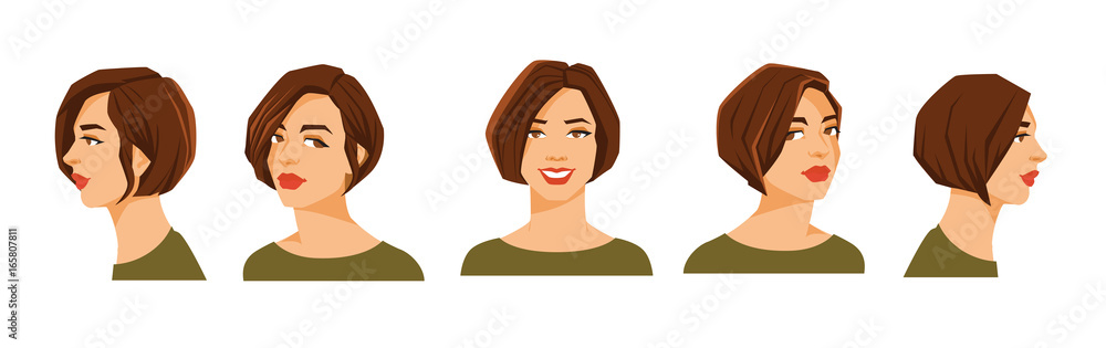 Vector illustration of woman's face on white background. Various turns heads. Face in side view, front view and half-turn. Women with sheaf hairstyle