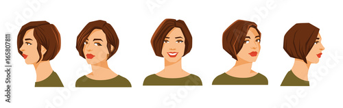 Vector illustration of woman's face on white background. Various turns heads. Face in side view, front view and half-turn. Women with sheaf hairstyle