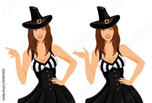 Vector illustration of  women in witch halloween costumes isolated on on white background