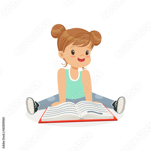 Adorable little girl sitting on the floor and reading a book, kid enjoying reading, colorful character vector Illustration