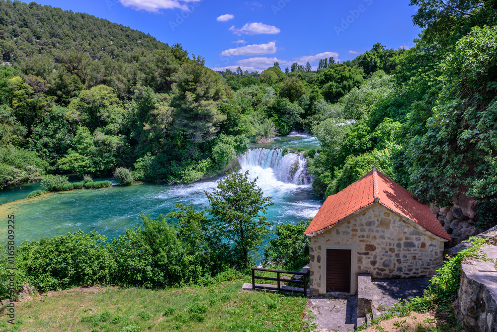 Panoramic Aerial View of waterfall in Krka National Park one of the most famous national parks and visited by many tourists.Skradinski Buk:KRKA NATIONAL PARK,CROATIA,MAY 27,2017