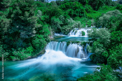 Long Exposure View of waterfall in Krka National Park one of the most famous national parks and visited by many tourists.Skradinski Buk:KRKA NATIONAL PARK,CROATIA,MAY 27,2017
