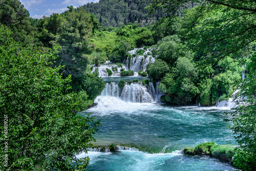 Panoramic Aerial View of waterfall in Krka National Park one of the most famous national parks and visited by many tourists.Skradinski Buk KRKA NATIONAL PARK CROATIA MAY 27 2017