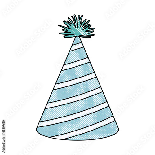 crayon silhouette of light blue color party hat with diagonal lines decoratives