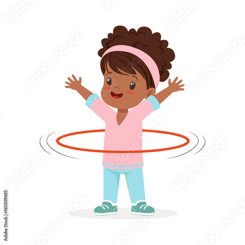 Girl spining a hula hoop around the waist, kid doing sports colorful character vector Illustration