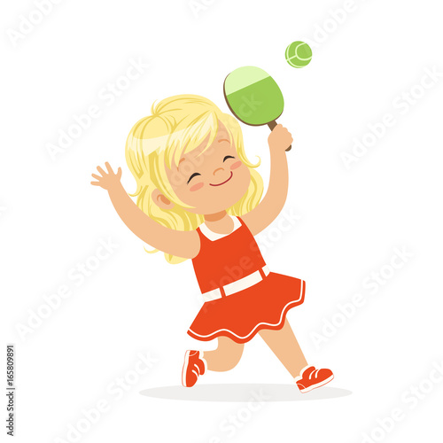 Girl playing table tennis, kid serving ping pong ball with racket colorful character vector Illustration
