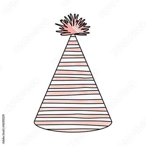 crayon silhouette of pink color party hat with irregular lines decoratives
