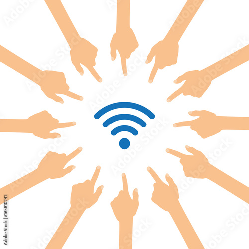 Viele Hände zeigen auf - WLAN - Symbol