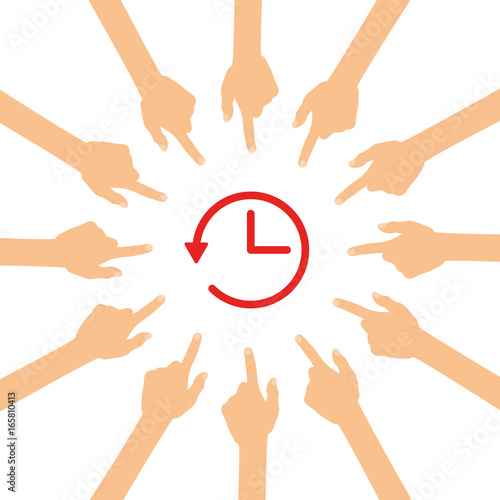 Viele Hände zeigen auf - Uhr - Zurückdrehen