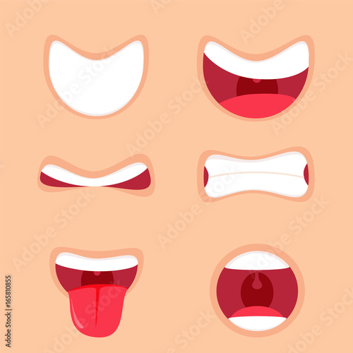 Funny Cartoon mouths set with different expressions. Smile with teeth, sticking out tongue, surprised. photo