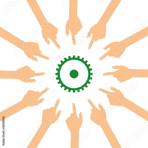 Viele Hände zeigen auf - grünes Zahnrad