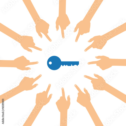 Viele Hände zeigen auf - Schlüssel - Sicherheit
