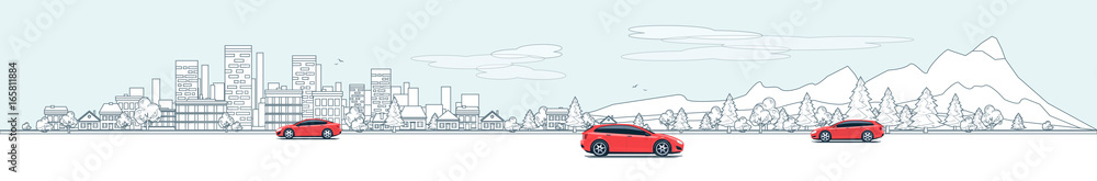 Urban Landscape Panorama Street Road with Cars and City Nature Background