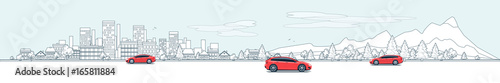 Urban Landscape Panorama Street Road with Cars and City Nature Background