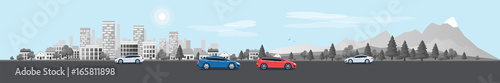 Urban Landscape Panorama Street Road with Cars and City Nature Background