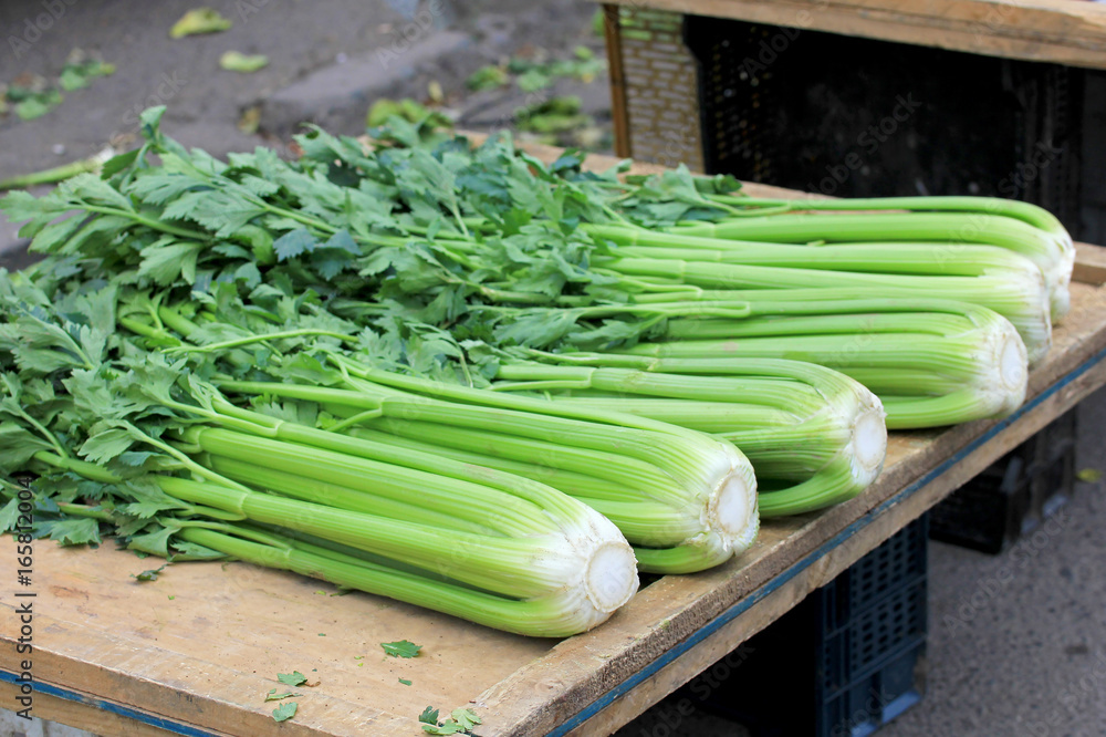 Fresh celery displayed at farmers market, Chile, South America Stock Photo Adobe Stock