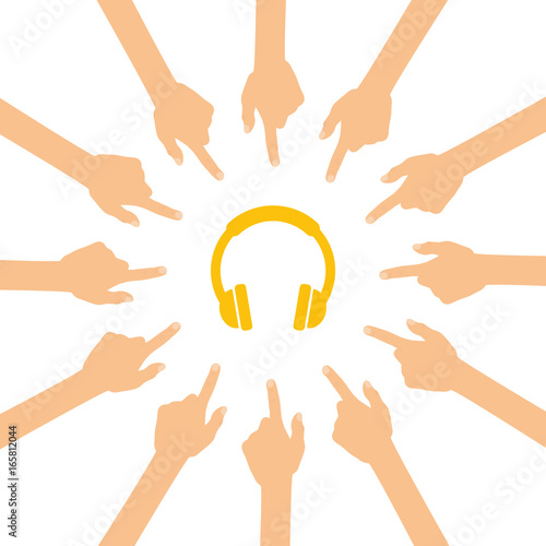Viele Hände zeigen auf - Kopfhörer