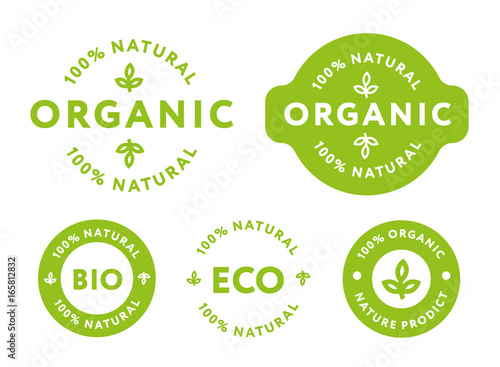 Collection of Green Healthy Organic Natural Eco Bio Food Products Label Stamp.  photo