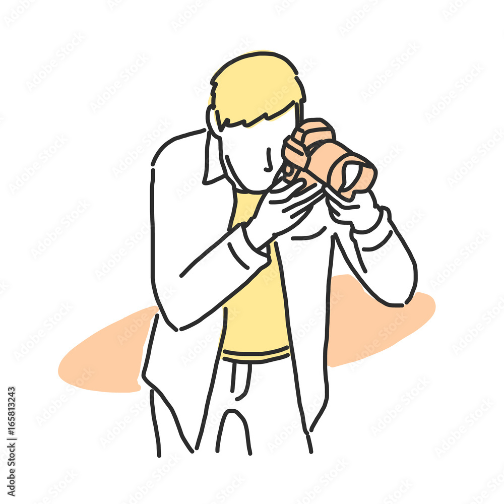 Photographer in variety poses. hand drawn. line drawing. vector illustration.