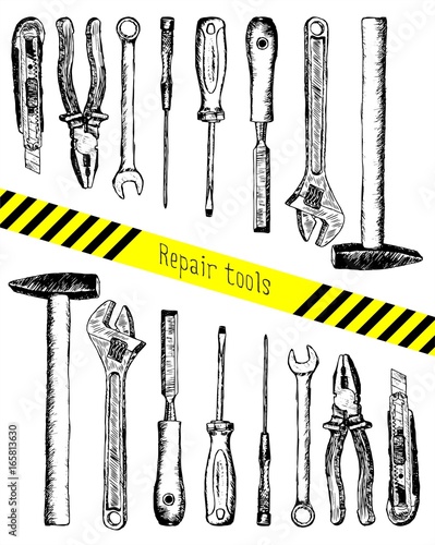 A set of sketch tools for repair. Hand-painted hammer, electrical tape, nippers, pliers, screwdriver, awl, chisel, clerical knife. Vector illustration. Instruments isolated over white background